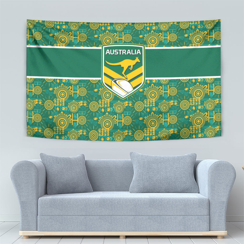 Australia Rugby Kangaroo Tapestry Green Gold Aboriginal Dot Geometry