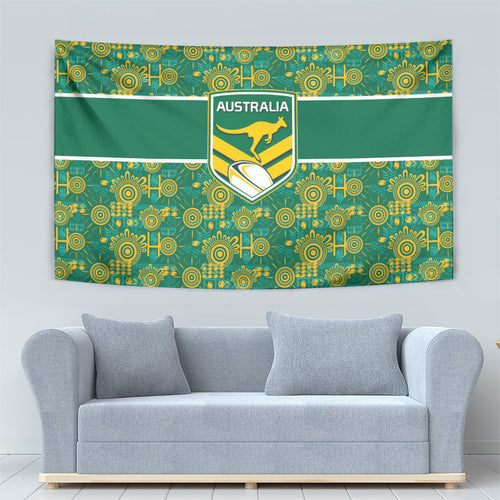 Australia Rugby Kangaroo Tapestry Green Gold Aboriginal Dot Geometry