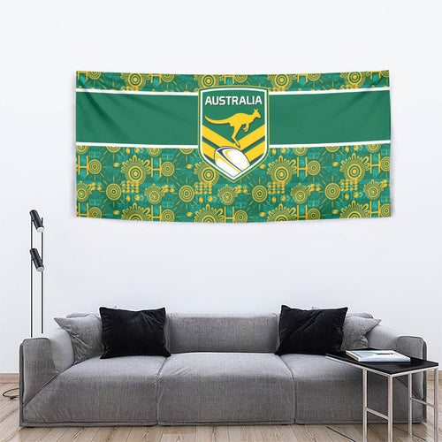 Australia Rugby Kangaroo Tapestry Green Gold Aboriginal Dot Geometry