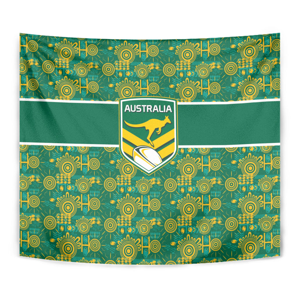 Australia Rugby Kangaroo Tapestry Green Gold Aboriginal Dot Geometry
