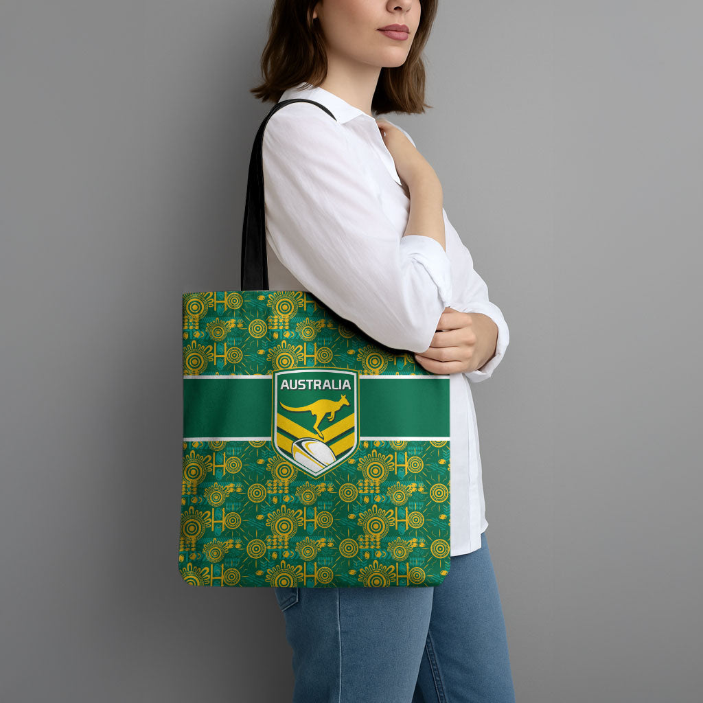 Australia Rugby Kangaroo Tote Bag Green Gold Aboriginal Dot Geometry