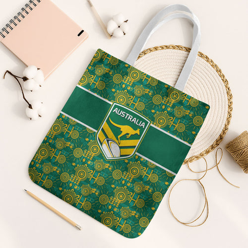 Australia Rugby Kangaroo Tote Bag Green Gold Aboriginal Dot Geometry