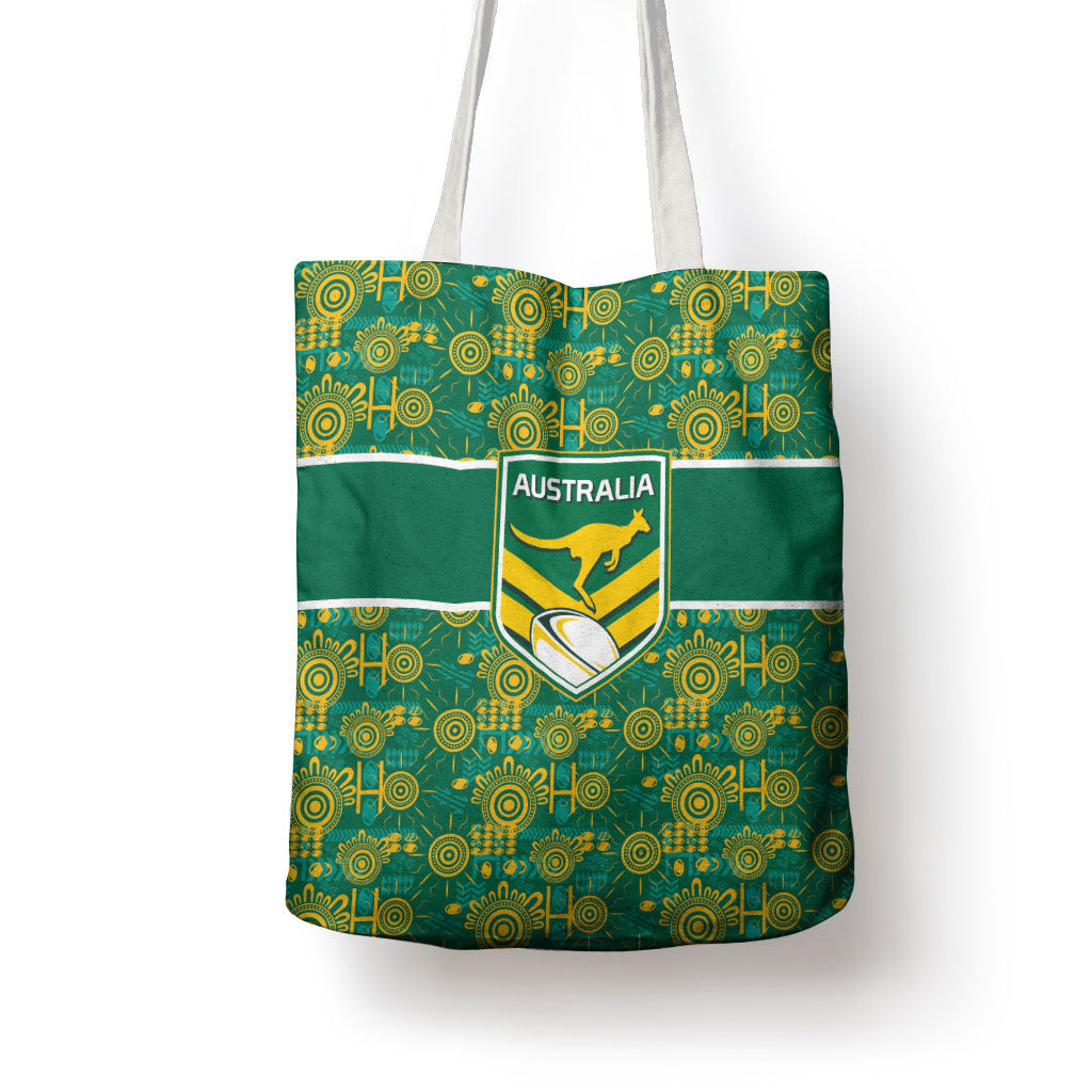 Australia Rugby Kangaroo Tote Bag Green Gold Aboriginal Dot Geometry
