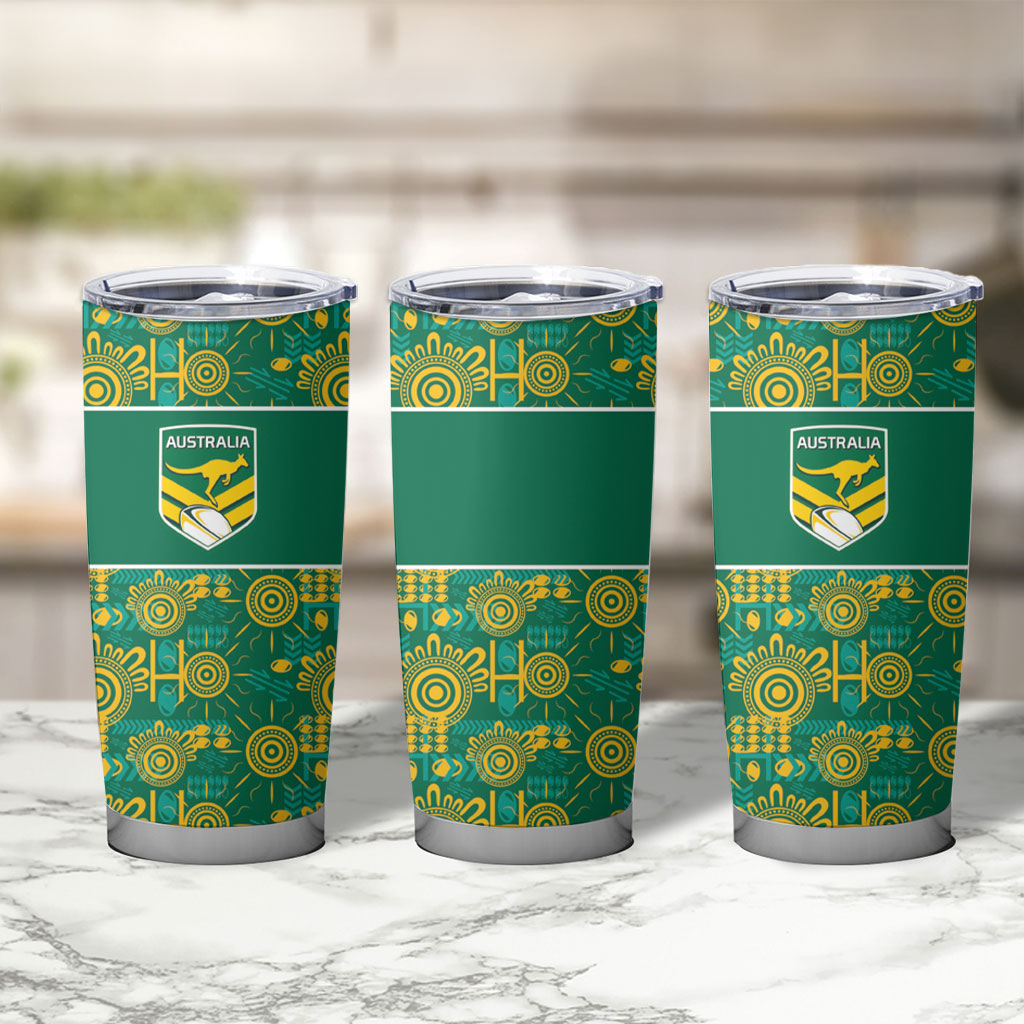 Australia Rugby Kangaroo Tumbler Cup Green Gold Aboriginal Dot Geometry
