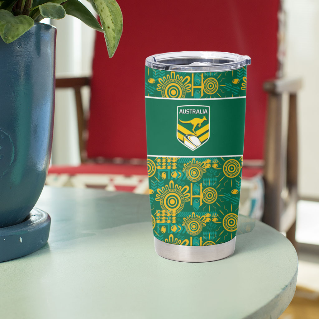 Australia Rugby Kangaroo Tumbler Cup Green Gold Aboriginal Dot Geometry