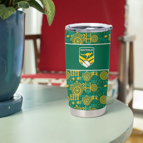 Australia Rugby Kangaroo Tumbler Cup Green Gold Aboriginal Dot Geometry