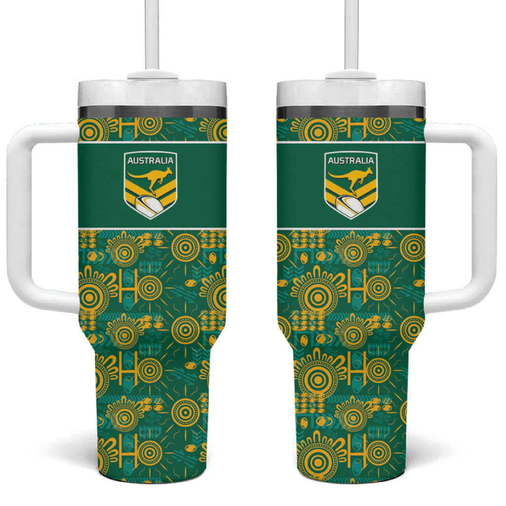 Australia Rugby Kangaroo Tumbler With Handle Green Gold Aboriginal Dot Geometry