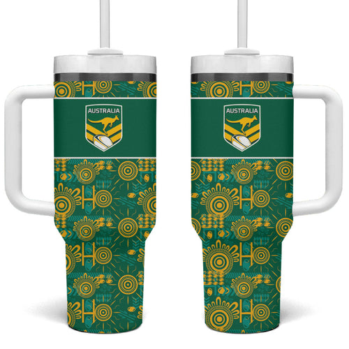 Australia Rugby Kangaroo Tumbler With Handle Green Gold Aboriginal Dot Geometry