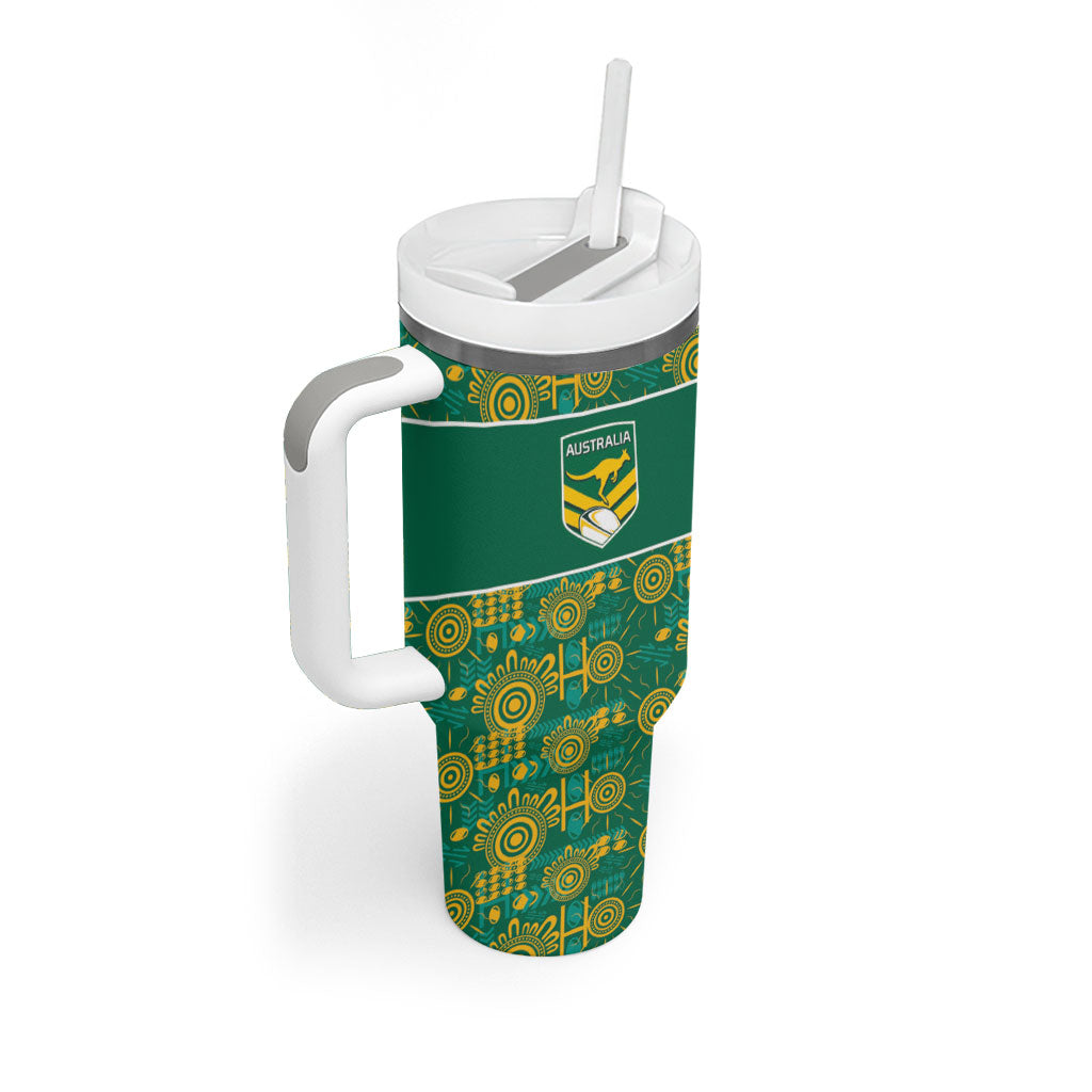 Australia Rugby Kangaroo Tumbler With Handle Green Gold Aboriginal Dot Geometry