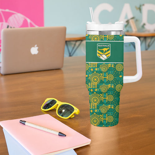 Australia Rugby Kangaroo Tumbler With Handle Green Gold Aboriginal Dot Geometry