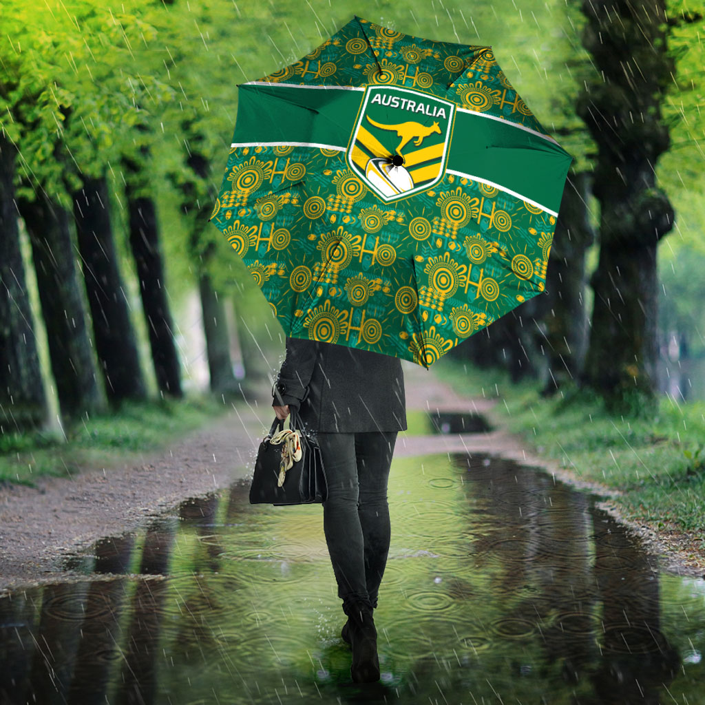 Australia Rugby Kangaroo Umbrella Green Gold Aboriginal Dot Geometry