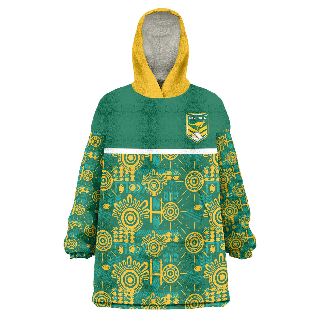 Australia Rugby Kangaroo Wearable Blanket Hoodie Green Gold Aboriginal Dot Geometry