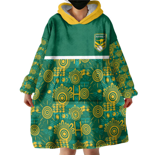 Australia Rugby Kangaroo Wearable Blanket Hoodie Green Gold Aboriginal Dot Geometry