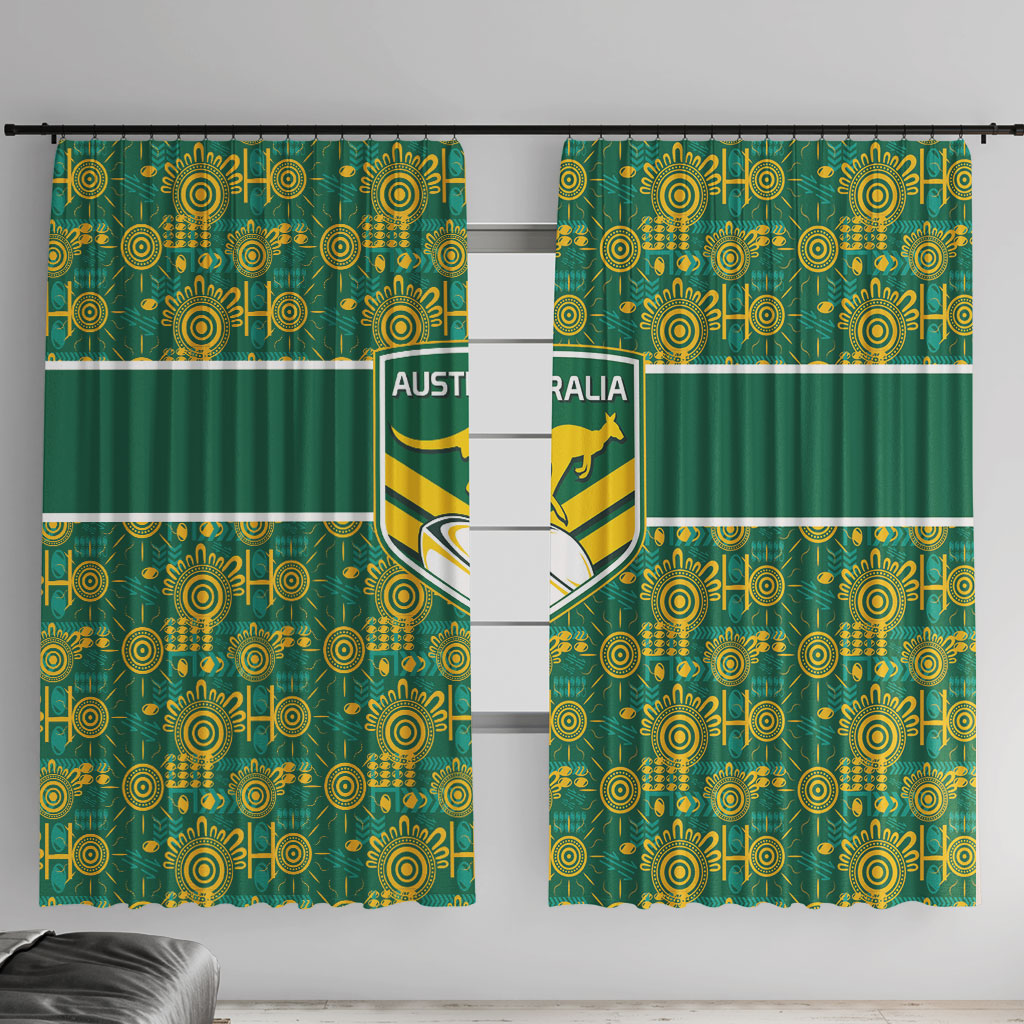 Australia Rugby Kangaroo Window Curtain Green Gold Aboriginal Dot Geometry