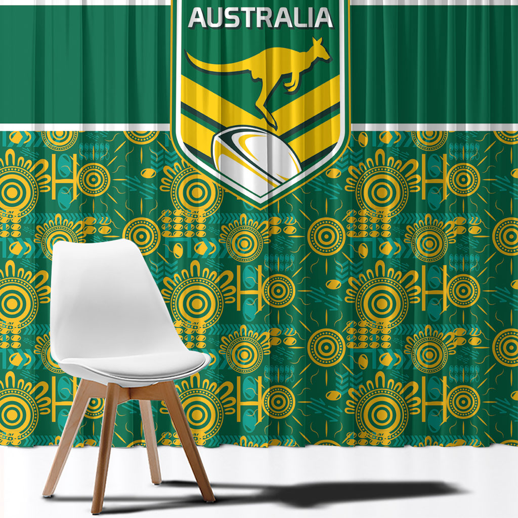 Australia Rugby Kangaroo Window Curtain Green Gold Aboriginal Dot Geometry