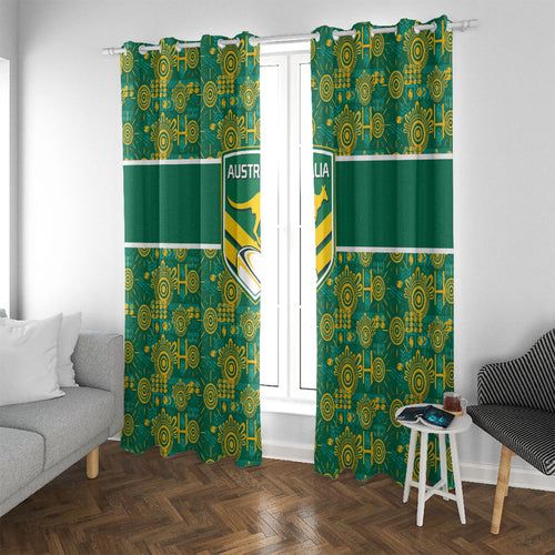 Australia Rugby Kangaroo Window Curtain Green Gold Aboriginal Dot Geometry