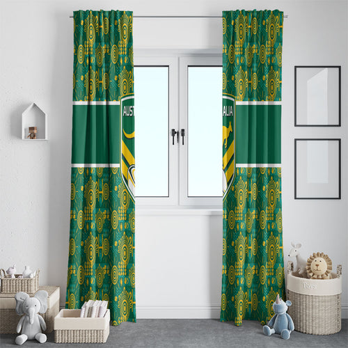 Australia Rugby Kangaroo Window Curtain Green Gold Aboriginal Dot Geometry