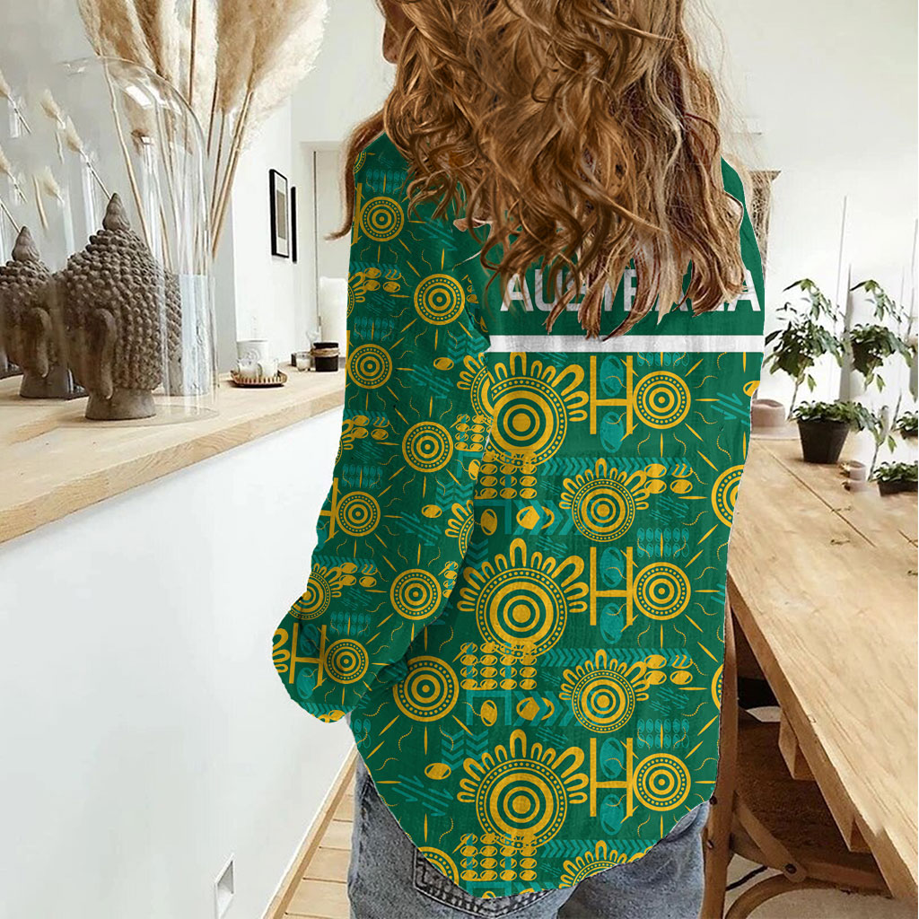 Australia Rugby Kangaroo Women Casual Shirt Green Gold Aboriginal Dot Geometry