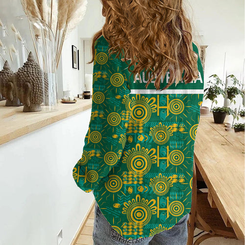 Australia Rugby Kangaroo Women Casual Shirt Green Gold Aboriginal Dot Geometry