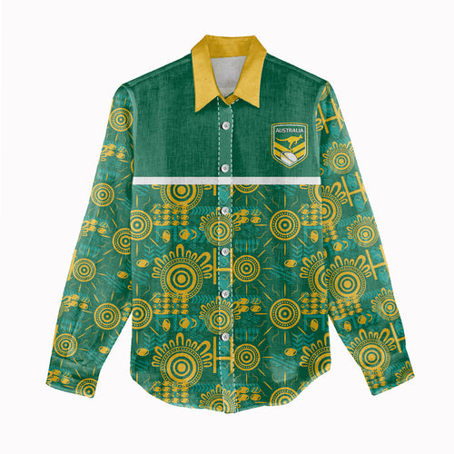 Australia Rugby Kangaroo Women Casual Shirt Green Gold Aboriginal Dot Geometry