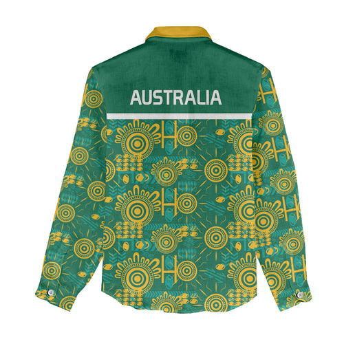 Australia Rugby Kangaroo Women Casual Shirt Green Gold Aboriginal Dot Geometry