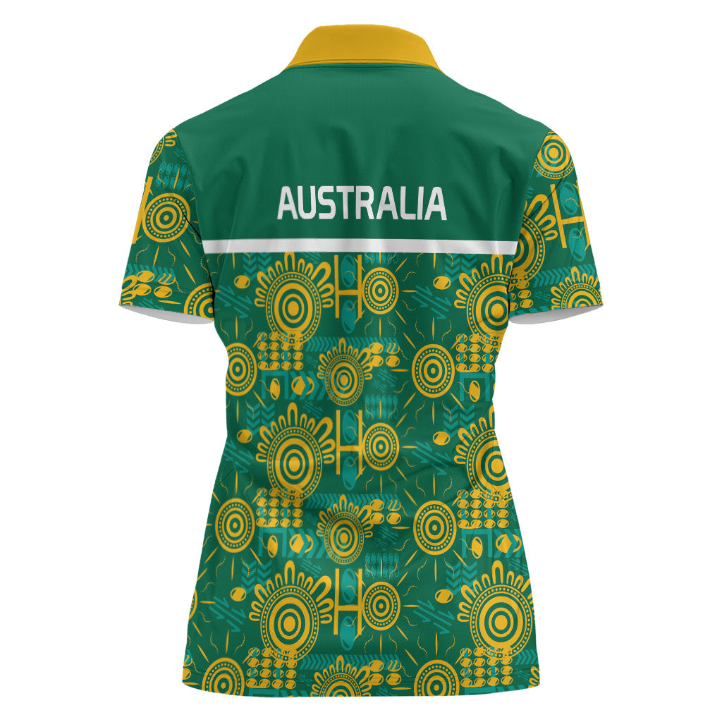 Australia Rugby Kangaroo Women Polo Shirt Green Gold Aboriginal Dot Geometry