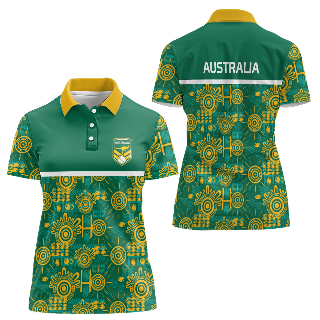 Australia Rugby Kangaroo Women Polo Shirt Green Gold Aboriginal Dot Geometry