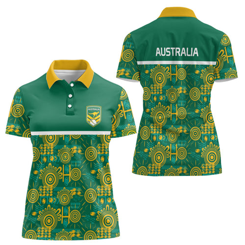 Australia Rugby Kangaroo Women Polo Shirt Green Gold Aboriginal Dot Geometry