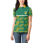 Australia Rugby Kangaroo Women Polo Shirt Green Gold Aboriginal Dot Geometry