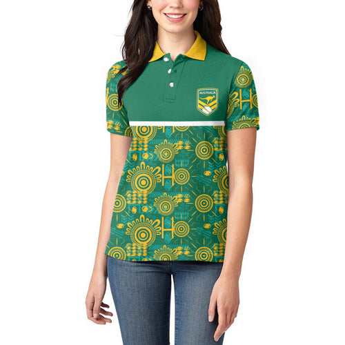 Australia Rugby Kangaroo Women Polo Shirt Green Gold Aboriginal Dot Geometry