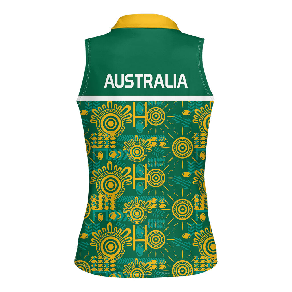 Australia Rugby Kangaroo Women Sleeveless Polo Shirt Green Gold Aboriginal Dot Geometry
