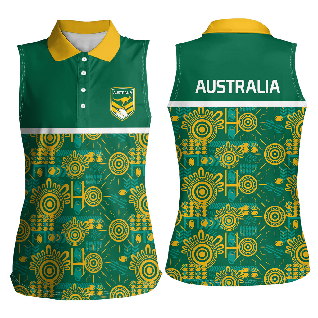 Australia Rugby Kangaroo Women Sleeveless Polo Shirt Green Gold Aboriginal Dot Geometry