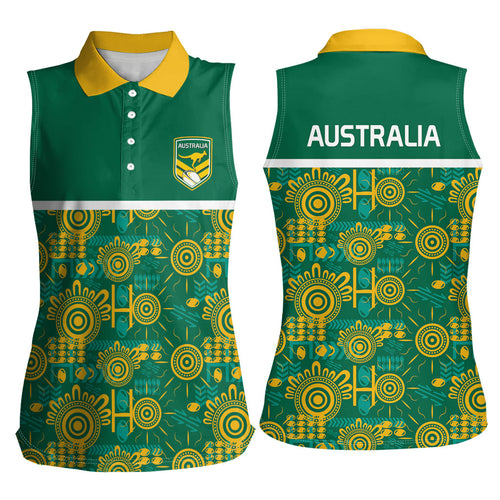 Australia Rugby Kangaroo Women Sleeveless Polo Shirt Green Gold Aboriginal Dot Geometry