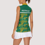 Australia Rugby Kangaroo Women Sleeveless Polo Shirt Green Gold Aboriginal Dot Geometry