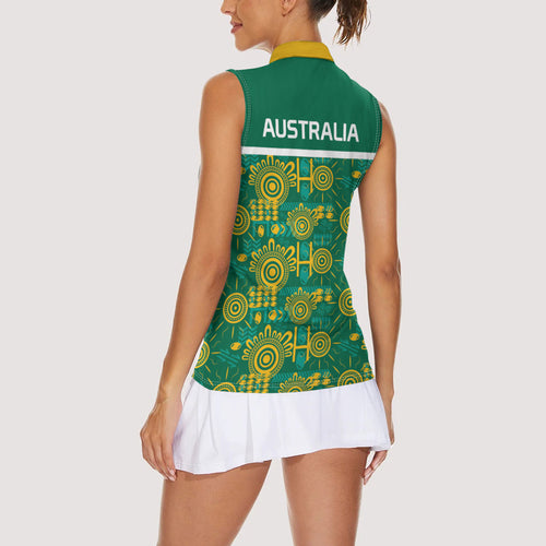 Australia Rugby Kangaroo Women Sleeveless Polo Shirt Green Gold Aboriginal Dot Geometry
