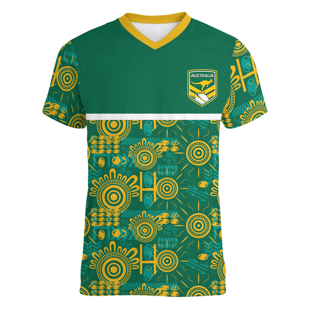 Australia Rugby Kangaroo Women V-Neck T-Shirt Green Gold Aboriginal Dot Geometry