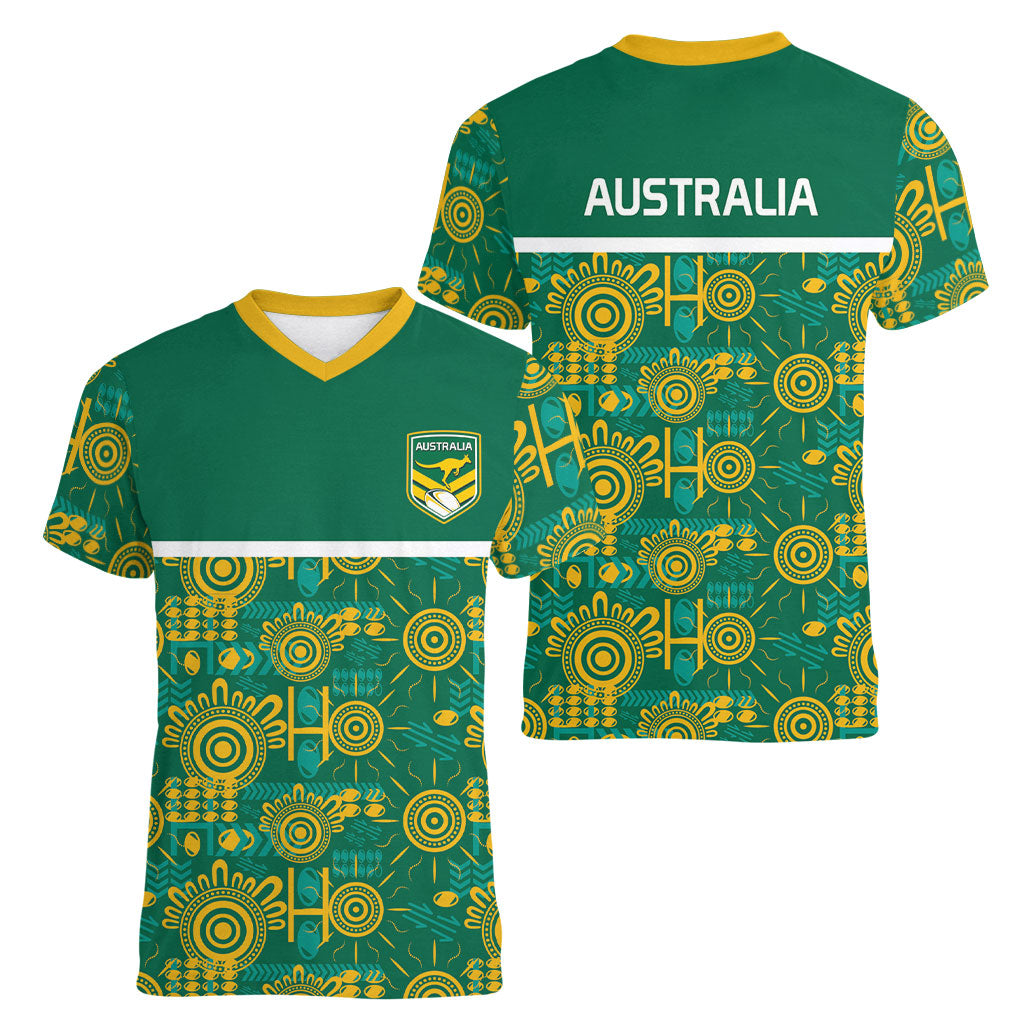 Australia Rugby Kangaroo Women V-Neck T-Shirt Green Gold Aboriginal Dot Geometry