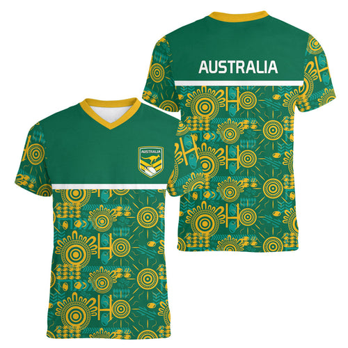 Australia Rugby Kangaroo Women V-Neck T-Shirt Green Gold Aboriginal Dot Geometry
