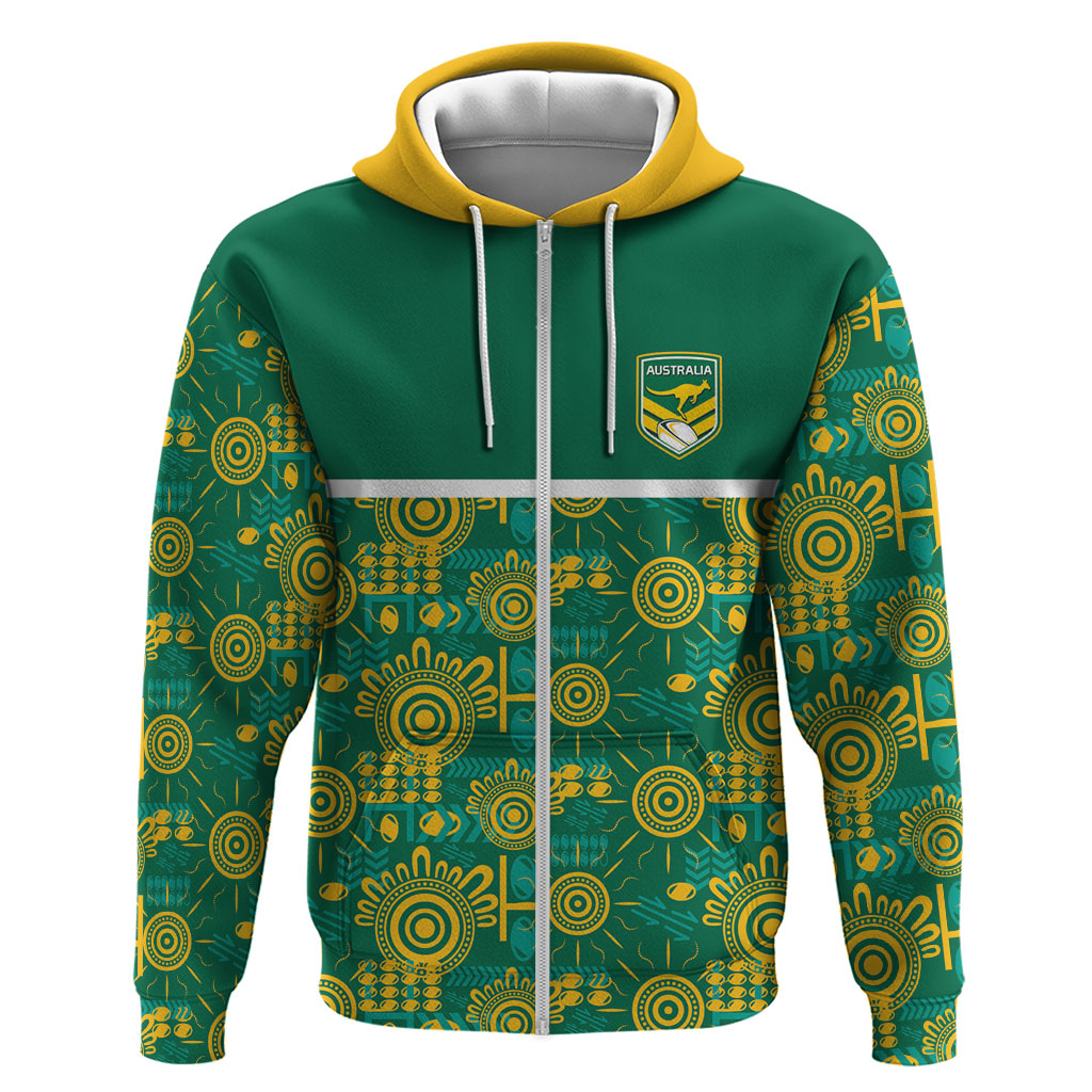 Australia Rugby Kangaroo Zip Hoodie Green Gold Aboriginal Dot Geometry