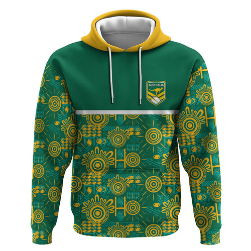 Australia Rugby Kangaroo Zip Hoodie Green Gold Aboriginal Dot Geometry