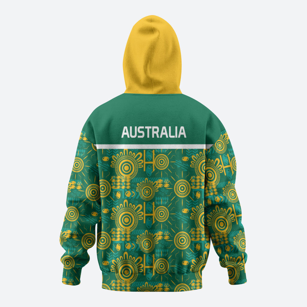 Australia Rugby Kangaroo Zip Hoodie Green Gold Aboriginal Dot Geometry