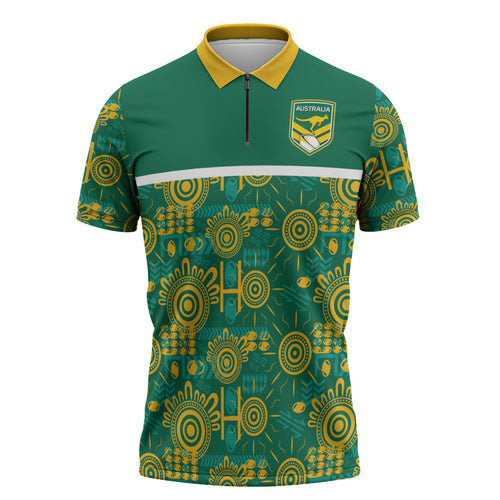 Australia Rugby Kangaroo Zipper Polo Shirt Green Gold Aboriginal Dot Geometry