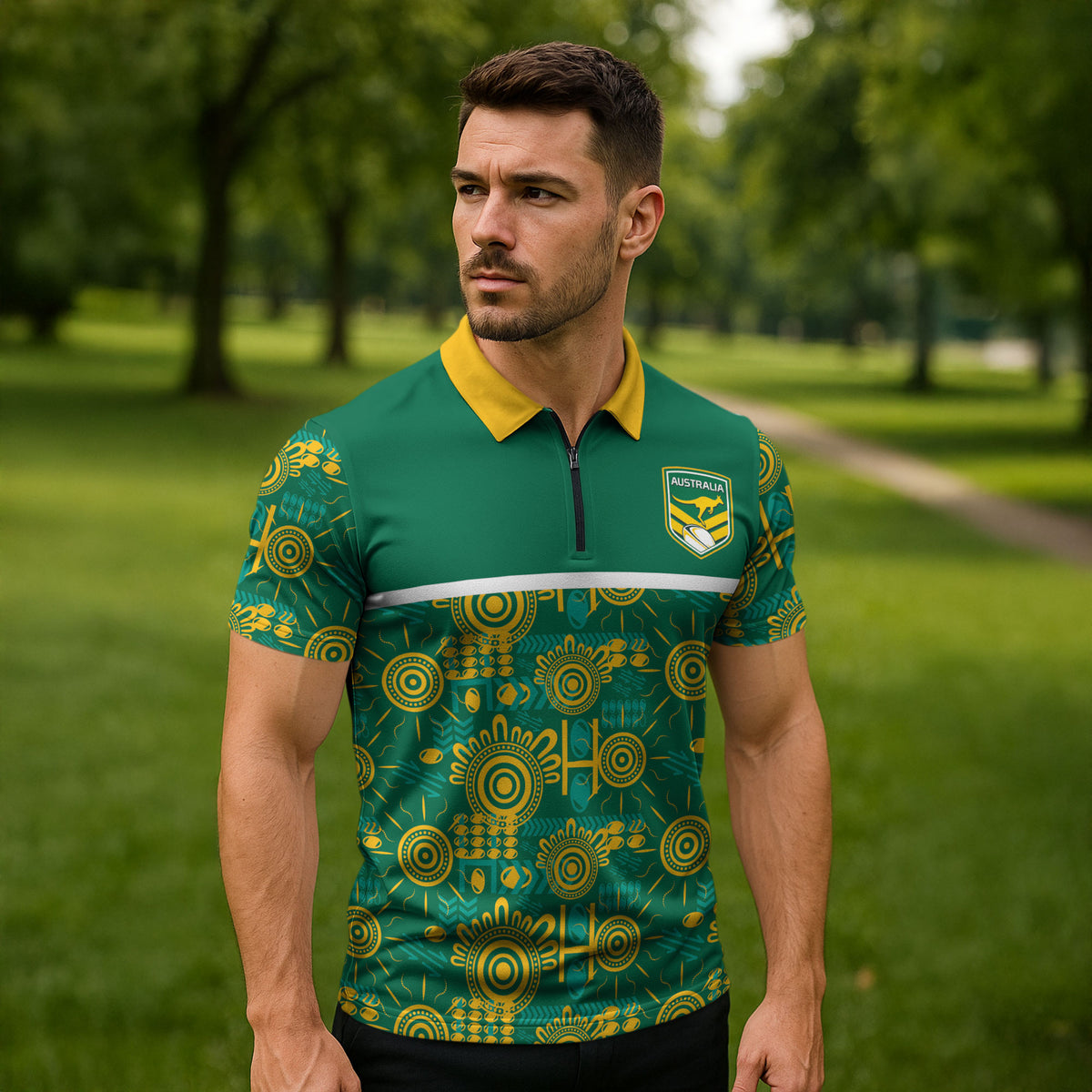 Australia Rugby Kangaroo Zipper Polo Shirt Green Gold Aboriginal Dot Geometry