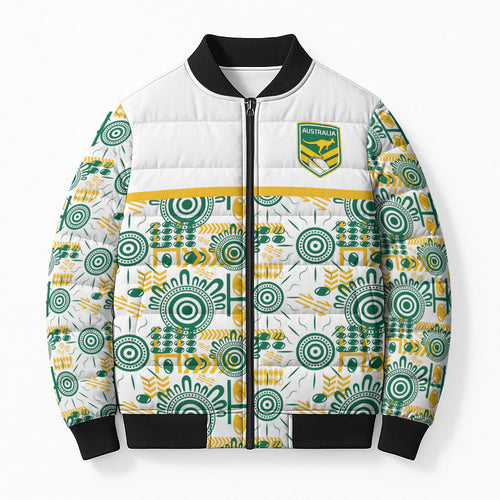 Australia Rugby Kangaroo Bomber Puffer Jacket White Aboriginal Dot Geometry
