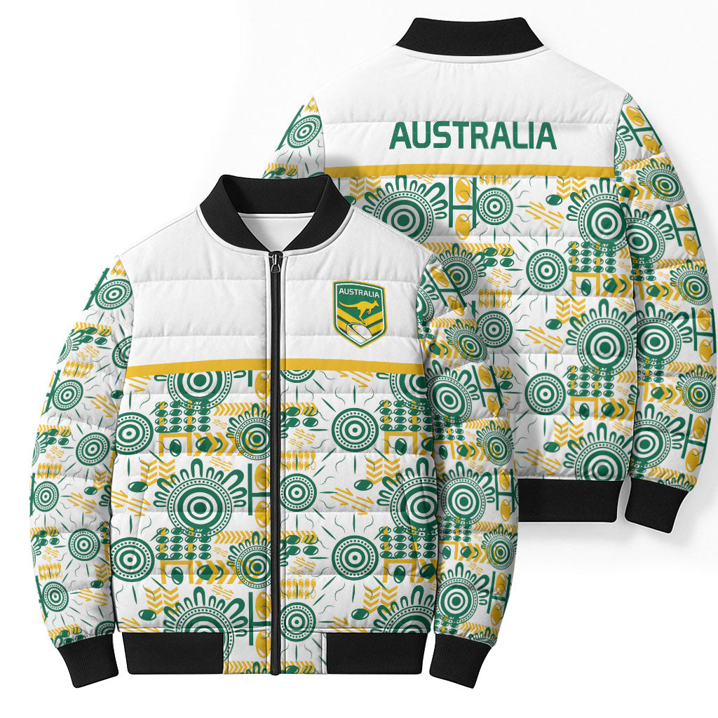 Australia Rugby Kangaroo Bomber Puffer Jacket White Aboriginal Dot Geometry