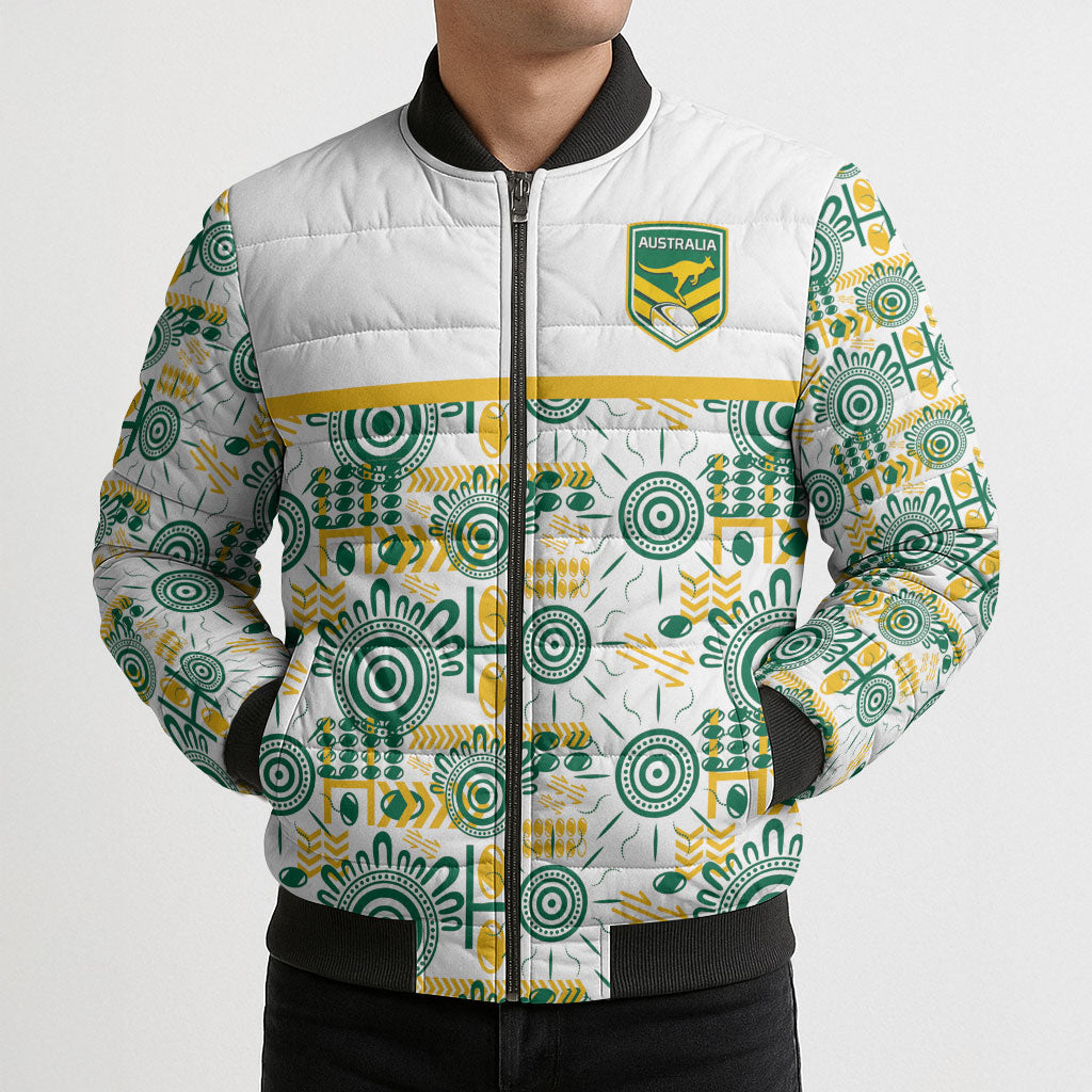 Australia Rugby Kangaroo Bomber Puffer Jacket White Aboriginal Dot Geometry