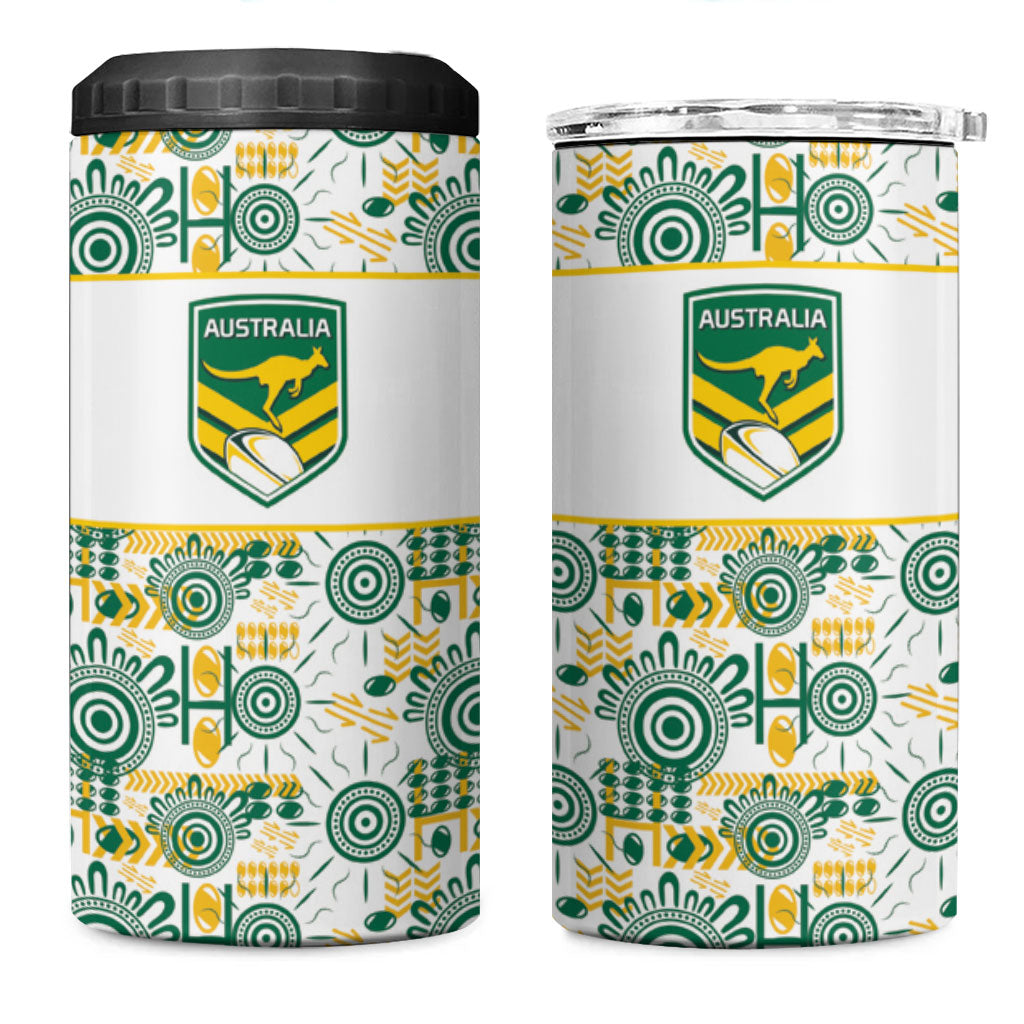Australia Rugby Kangaroo 4 in 1 Can Cooler Tumbler White Aboriginal Dot Geometry
