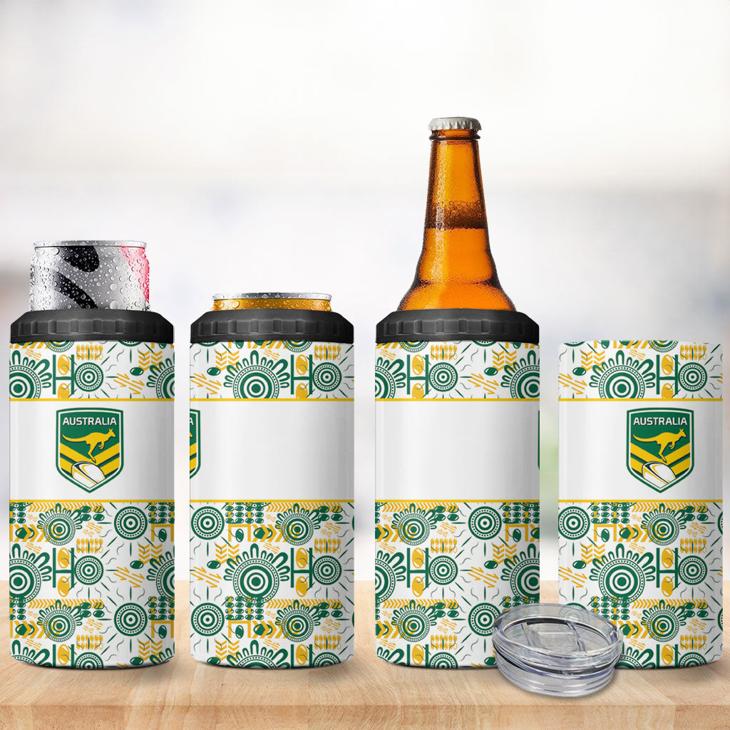 Australia Rugby Kangaroo 4 in 1 Can Cooler Tumbler White Aboriginal Dot Geometry