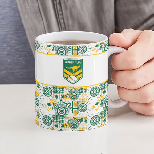Australia Rugby Kangaroo Ceramic Mug White Aboriginal Dot Geometry