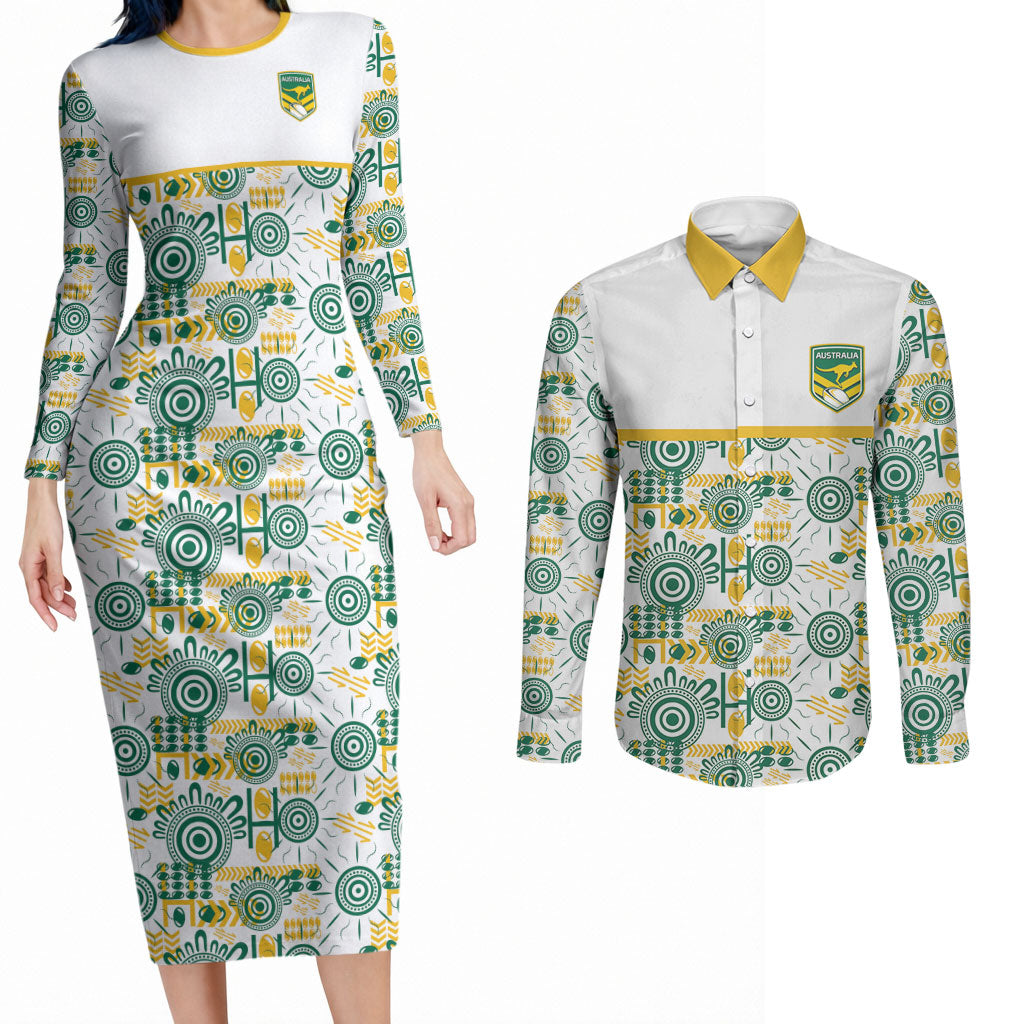 Australia Rugby Kangaroo Couples Matching Long Sleeve Bodycon Dress and Long Sleeve Button Shirt White Aboriginal Dot Geometry